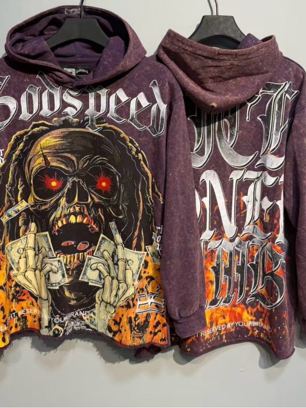 Men Graphic Hoodie - Purple Skull Money Design